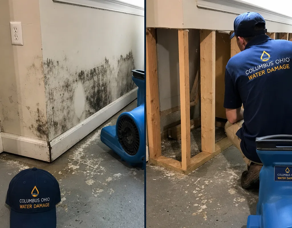 Before and after basement wall showing mold-stained drywall and a cleaned, dried framing area ready for rebuilding