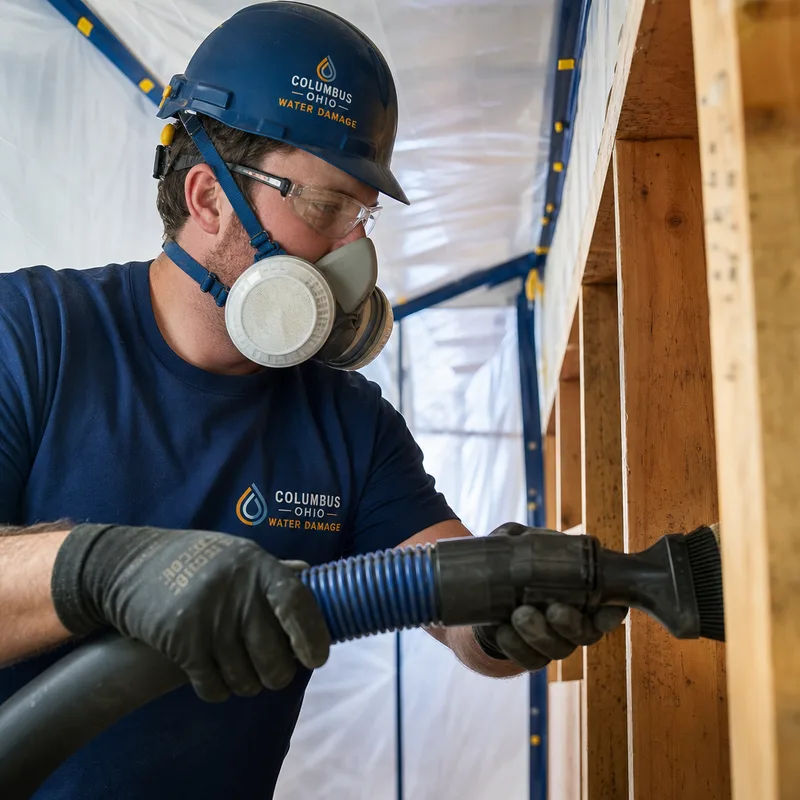 Technician HEPA vacuuming exposed wall studs inside a plastic-contained work zone