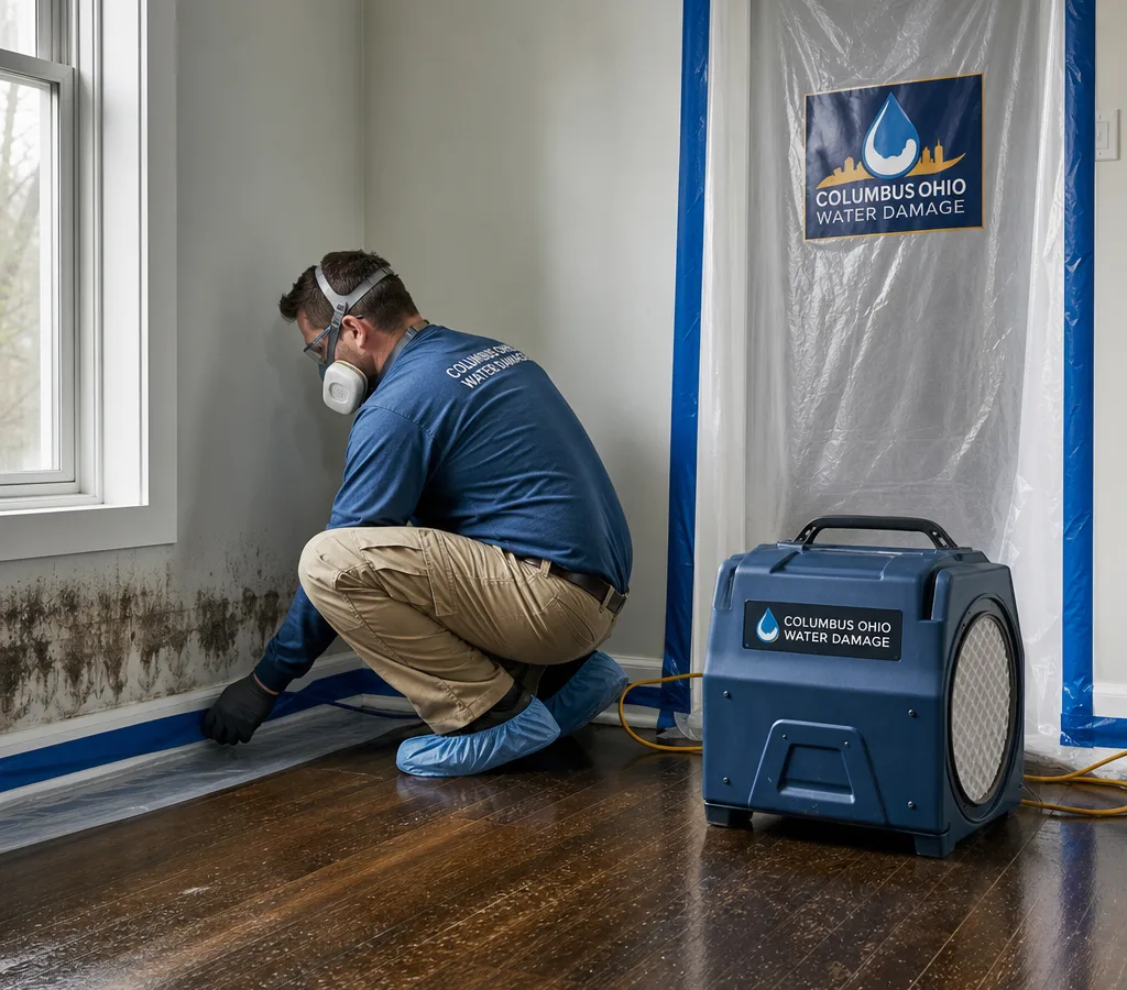 Technician in protective gear setting up containment and an air scrubber in a Columbus home with mold staining near a baseboard