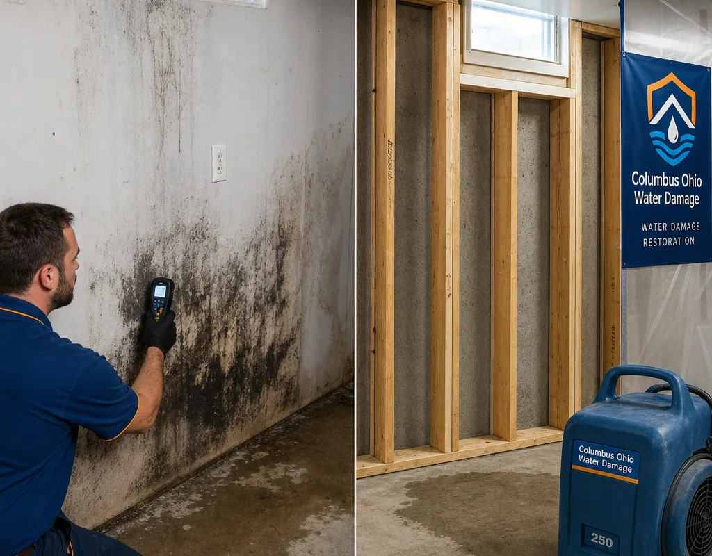 Before-and-after basement wall showing mold-stained drywall and cleaned exposed framing after remediation