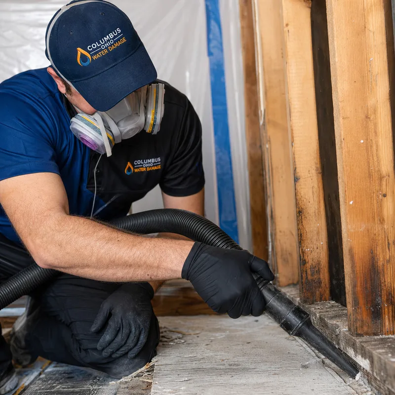 Technician HEPA vacuuming exposed wall studs and sill plate inside a contained mold remediation area