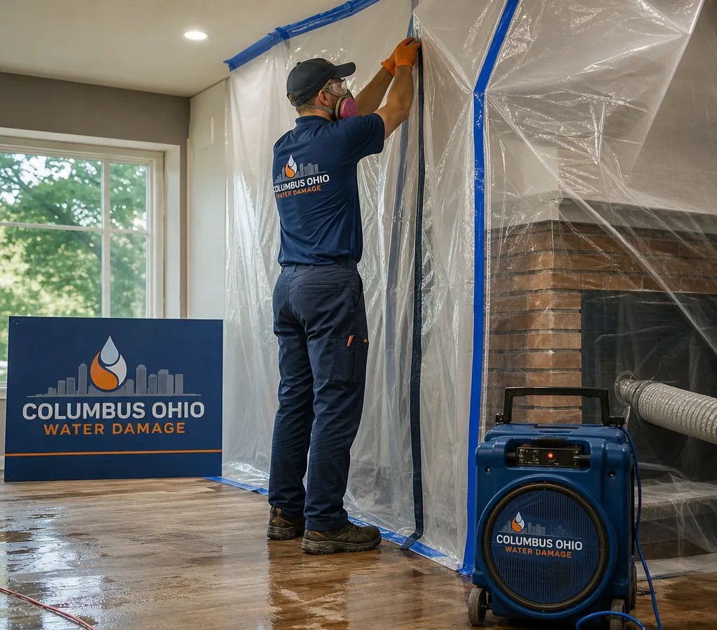 Technician in protective gear setting up plastic containment and a HEPA air scrubber during mold remediation in a Columbus home