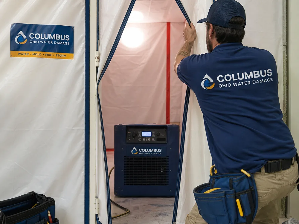 Sealed containment doorway with zipper access and a HEPA air scrubber operating inside the mold remediation work area