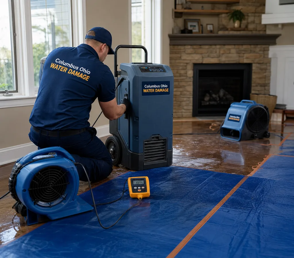 Technician using a commercial dehumidifier, air movers, and a moisture meter in a water-damaged Columbus home