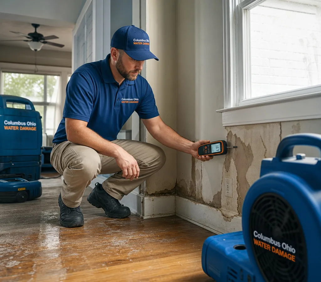 Technician inspecting water-damaged drywall and baseboards in a Columbus home with a moisture meter and air movers nearby