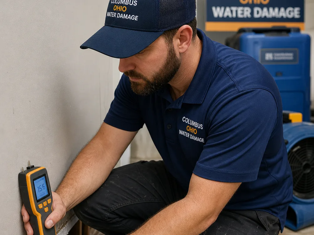 Moisture meter taking a reading on drywall near a floor line with drying equipment in the background