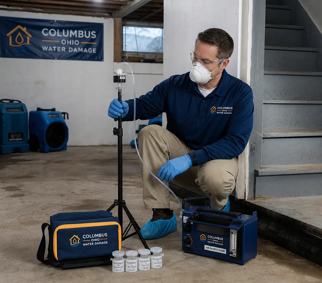 Inspector in protective gear collecting an air sample near a basement stairwell in a Columbus home