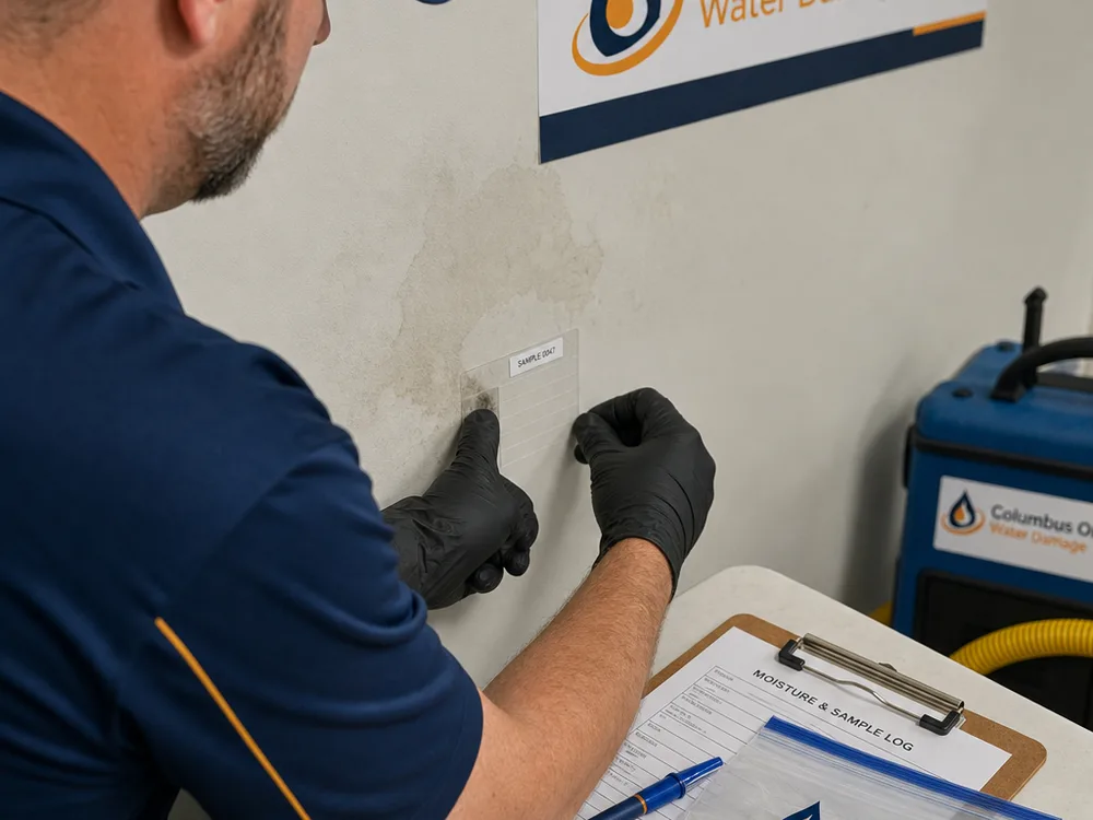 Technician placing a tape-lift sample on a labeled slide near discoloration on drywall