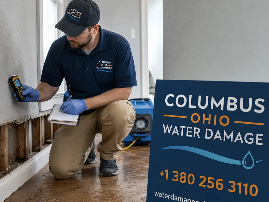 Technician recording moisture meter readings along baseboards and drywall in a water-damaged room