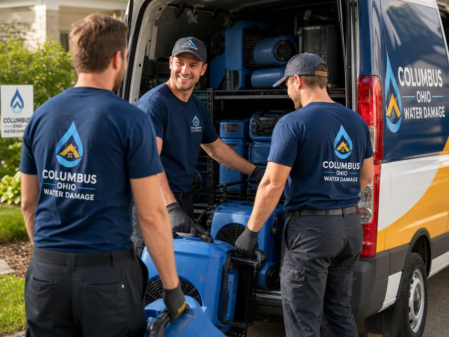 Restoration crew loading air movers and dehumidifiers into a service vehicle outside a Columbus residence